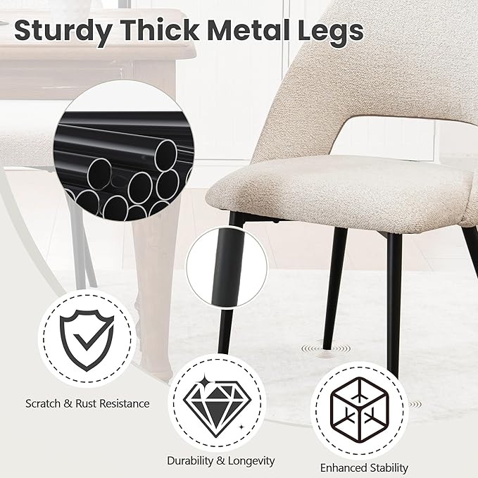 Rowill Dining Chairs Set of 2 Upholstered Dining Room Chairs Mid Century Modern Dining Chairs Kitchen Chairs Accent Chair with Metal Legs for Living Room Bedroom, Boucle Fabric Beige