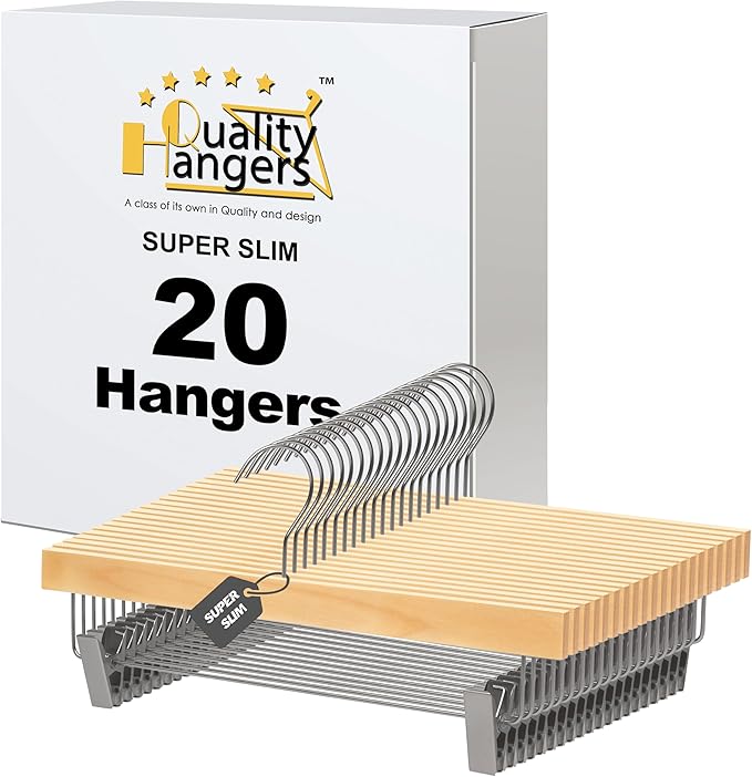 Quality Hangers 20 Pack Wooden Skirt Pant Hangers, Luxury 14" Ultra Thin Space Saving Skirt Hangers, 360 Degree Swivel Hook, Best for Pants, Skirts, Trousers, Leggings (20, Natural, Skirt/Pant)