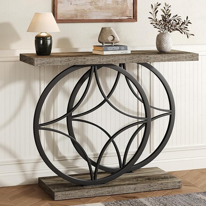 39.4" Entryway Table, Industrial Console Table for Entryway with Anti-Tilt Design, Narrow Wood Accent Sofa Table Behind Couch with Double Circle Base for Hallway, Living Room, Foyer (Industrial Grey)