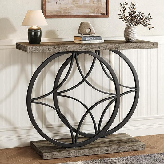39.4" Entryway Table, Industrial Console Table for Entryway with Anti-Tilt Design, Narrow Wood Accent Sofa Table Behind Couch with Double Circle Base for Hallway, Living Room, Foyer (Industrial Grey)