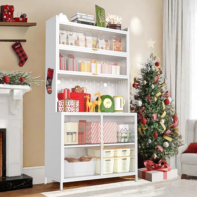 73'' Tall Kitchen Pantry Cabinet, 6 Level Flip Door with Pegboard Metal Pantry Storage Cabinet, Anti-Tip Design Hutch for Kitchen, Dining Room, Living Room (White)