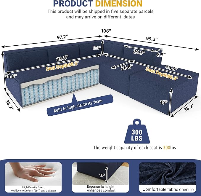 97"+57" 5-Piece Modular Sectional Sofa Convertible Cube Thick Couch 2 3 4 Seat Set, L-Shape, No Assembly for Living Room (3xArmless+1xCorner+1xOttoman) Fabric Chenille Blue