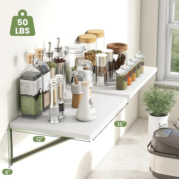 Heimlove 12 Inch Deep Floating Shelves for Wall, 16W x 12D Wide White Floating Shelves Heavy Duty Wall Mounted Shelves, Wood Shelves for Living Room Bedroom Bathroom Kitchen- Set of 4