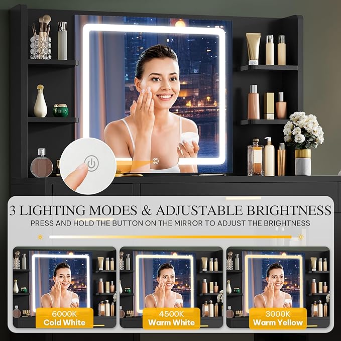 DWVO Makeup Vanity with LED Mirror, 40" Big Vanity Makeup Table with 4 Drawers and 7 Open Storage Shelves, Built-in Power Outlets & Hairdryer Holder, Black