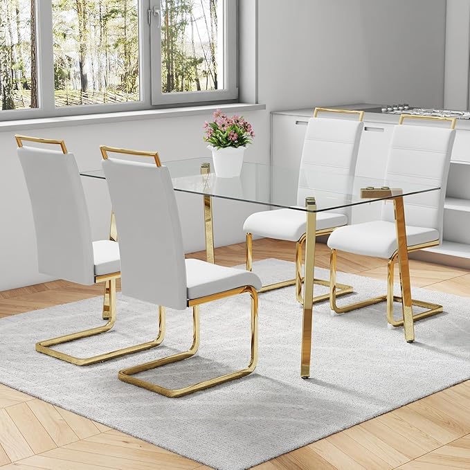 51" Glass Dining Table Set 4,Small Kitchen Room Dining Table Set 4 with Chairs,Tempered Glass Top with Gold Legs,Easy to Assemble,Dinette Breakfast Nook