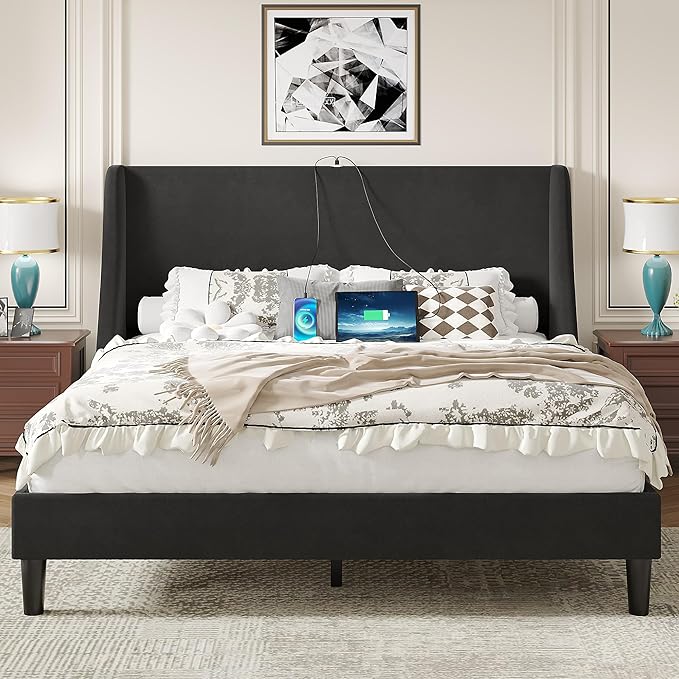 VECELO Queen Bed Frame with Upholstered Wingback Headboard, Heavy-Duty Platform Bedframe with Charging Station, Wooden Slats, No Box Spring Needed, Grey
