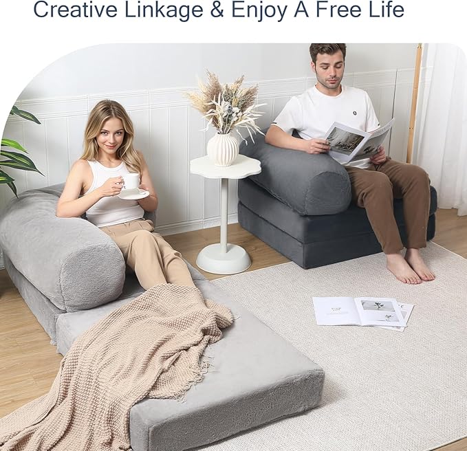 COMAX Folding Sofa Bed Single, Fold Out Chair Bed, Foldable Sofa Chair, Convertible Sleeper Futon for Adults, Floor Couch Mattress for Small Spaces Bedroom Living Room Guest Room, Faux Fur Dark Grey