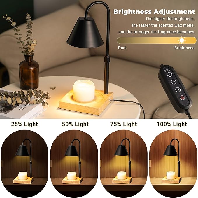 Black Dimmable Candle Warmer Lamp, Adjustable Height, Timer, Wooden Base, for Scented Wax with 2 Bulbs