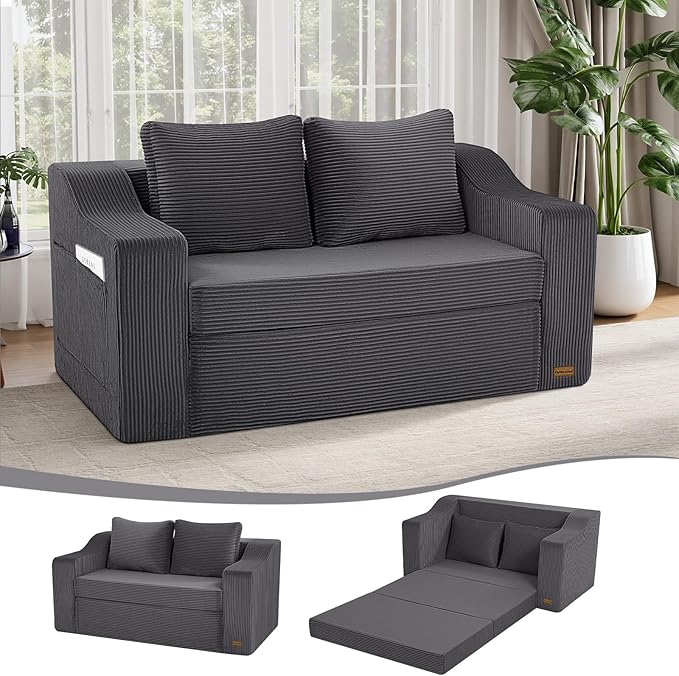 MeMoreCool Convertible Sofa Bed, Pull Out Loveseat Sofa Sleeper Couch for Bedroom Living Room Lounge, 2 in 1 Small Couch Bed with Pillow, Foldable Love Seat Futon Corduroy Grey