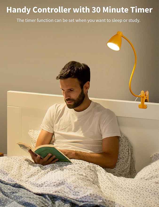 BOHON Clip on Light, 10W 38 LED Desk Lamp with Clamp, 5 Color 10 Brightness Auto Off Timer, Flexible Neck Clip Lamp, Desk Lights for Office Home Bed Bedside Reading, Bright Yellow