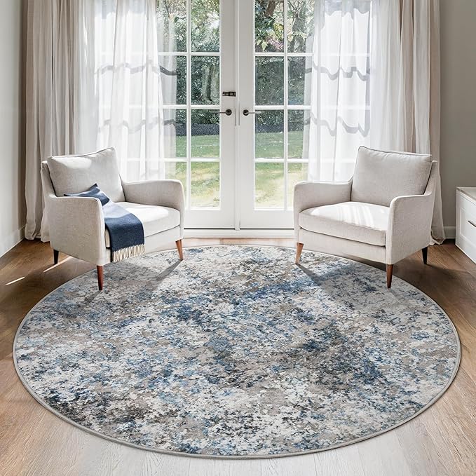 6ft Round Area Rug for Living Room- 6x6 Washable Neutral Abstract Rug for Bedroom Modern Soft Dining Room Rug No Slip Low Pile Carpet for Nursery Home Office Decor - Grey/Blue