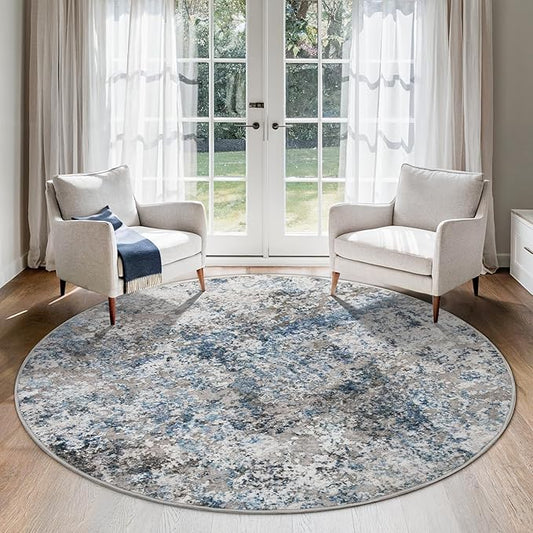 6ft Round Area Rug for Living Room- 6x6 Washable Neutral Abstract Rug for Bedroom Modern Soft Dining Room Rug No Slip Low Pile Carpet for Nursery Home Office Decor - Grey/Blue