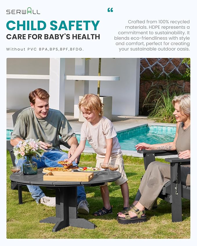 SERWALL 36'' Round Outdoor Coffee Table - HDPE Weatherproof Patio Table for Balcony, Garden, Backyard (Gray)