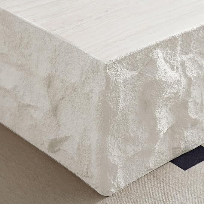 Square Coffee Table, 35.43" Imitation Stone Coffee Table Fiberglass Side Accent End Unique Center Table for Living Room Bedroom Apartment Office, Beige