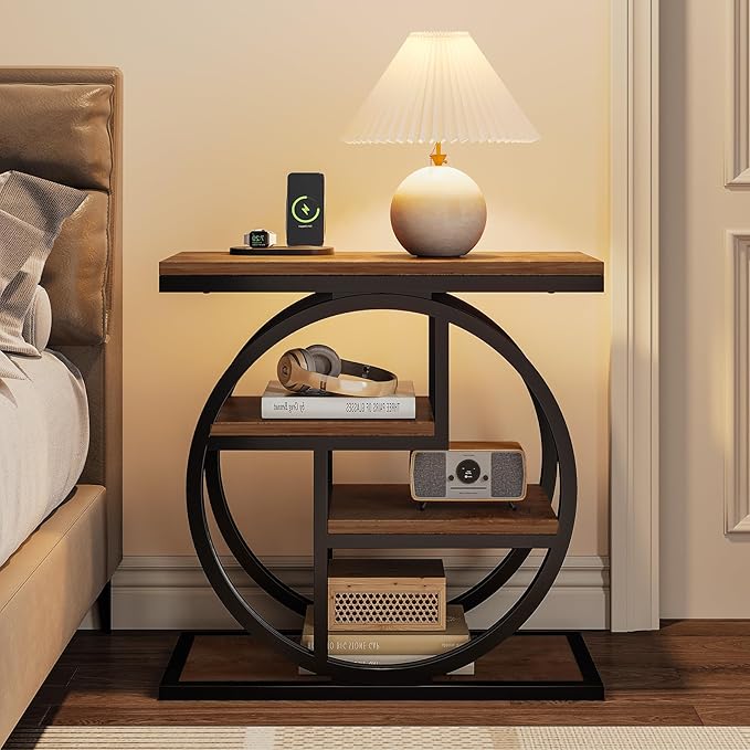 Tribesigns End Table for Living Room, 4-Tier Narrow Side Table with Storage Shelves, Industrial Bedside Table for Bedroom, Wood Small Sofa Side Table with Geometric Metal Frame (1 PC, Natural Brown)