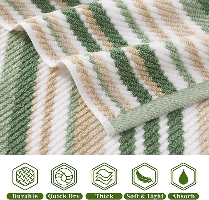 VOOVA & MOVAS Green Striped Wash Cloths - 100% Cotton, Quick Dry, Soft & Absorbent, 6PC Cotton Washcloths Set (13"x13"), Luxury Wash Cloths Set for Bathroom, Sage and Beige