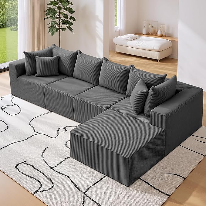 Oversize 131” Boneless Couch for Living Room, Comfort L Shaped Cloud Couch Sectional, Extra Deep Seats Corduroy Modular Sectional Sofa No Assembly,Grey