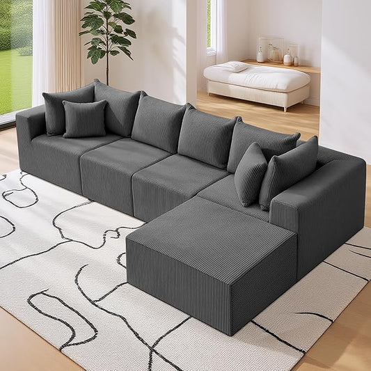 Oversize 131” Boneless Couch for Living Room, Comfort L Shaped Cloud Couch Sectional, Extra Deep Seats Corduroy Modular Sectional Sofa No Assembly,Grey