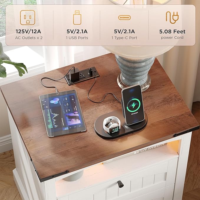 Vabches Nightstand with Charging Station, Vintage End Table with 2 Drawers, Wood Rustic Sofa Side Table with Open Storage Shelf for Bedroom, Living Room