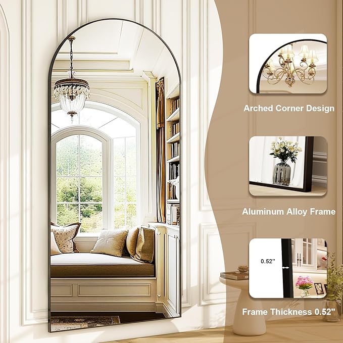 HARRITPURE 78" x 35" Arched Full-Length Mirror - Black Oversized Floor Mirror Free Standing Aluminum Frame Full Body Mirrors for Bedroom Cloakroom