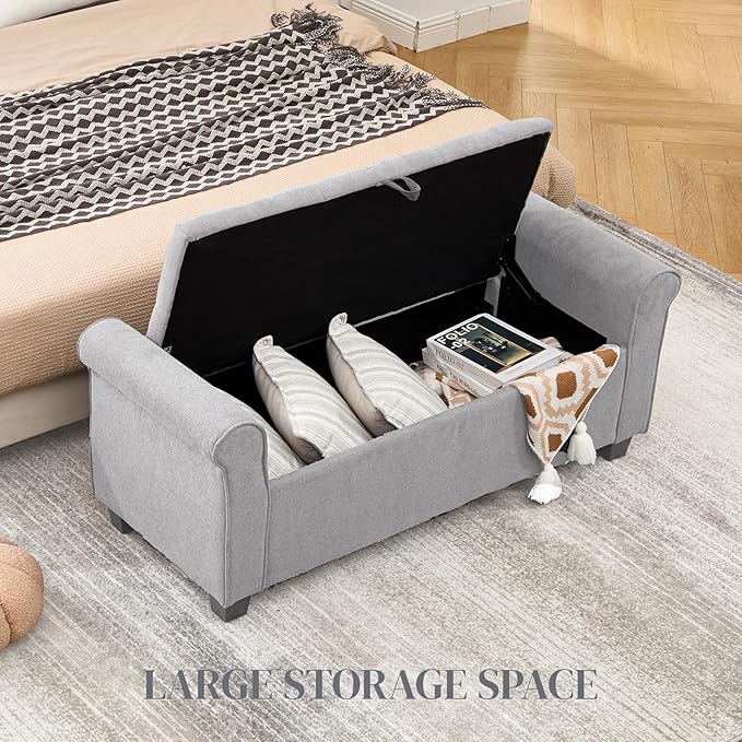 End of Bed Storage Bench for Bedroom, 49" Upholstered Storage Ottoman with Rolled Arms, Rivet Polyester Fabric Ottoman Bench for Bedroom, Living Room, Window, Entryway, Light Gray