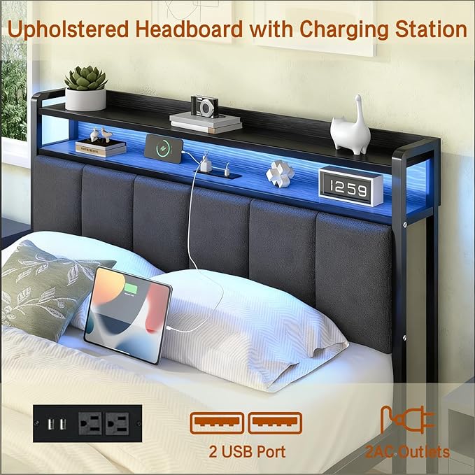 Full Size Bed Frame with LED Lights and Charging Station, Metal Platform Bed Frame Full with Upholstered Storage Headboard, Heavy Duty Metal Slats, No Box Spring Needed, Easy Assembly, Dark Grey