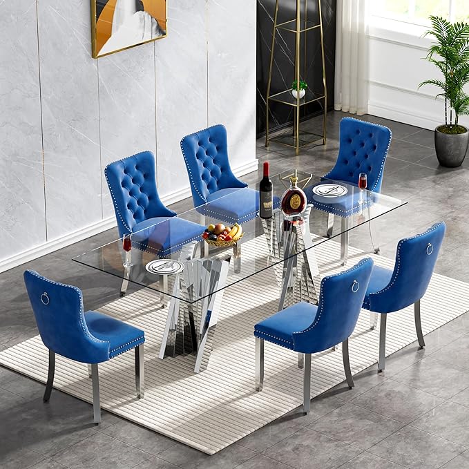 Goujxcy 70" Glass Dining Table Set for 6, Modern Silver Dining Table Set with 6 Blue Velvet Upholstered Dining Chairs, 7 Piece Kitchen Dining Room Table Set with Stainless Steel Legs