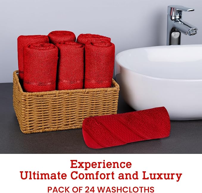 Casa Lino Face Towels & Body Wash Cloths for Showering - 100% Cotton Wash Cloths for Bathroom - Highly Absorbent & Quick Drying Washcloth Set - Cotton Washcloths 24 Pack (12" x 12") - (Red)