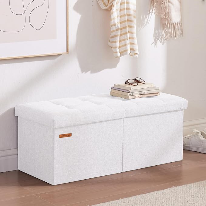 HAUSFRAU 31.5 Inches Ottoman with Storage Bench, Folding Ottoman Bench Small Foot Rest Stool, Bedroom Bench with Flipping Lid, Linen White