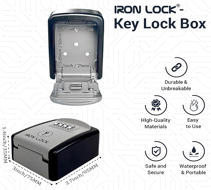 Iron Lock® Wall Mount Key Lock Box – Waterproof Heavy Duty Metal Lock Box for Keys with 4-Digit Combination & Resettable Code – Outdoor/Indoor Key Safe for Home, Office & Airbnb (Grey, Small)