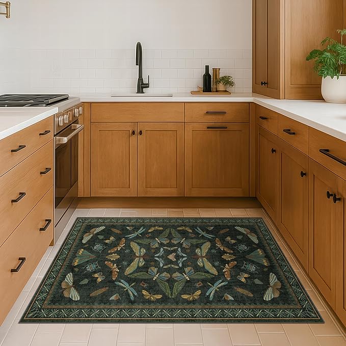 3x4 Unique Entryway Rug - Throw Rug for Large Kitchen, Entry Way, Mudroom, Dark Green and Black Insect Print, Washable Low Pile Floor Carpet