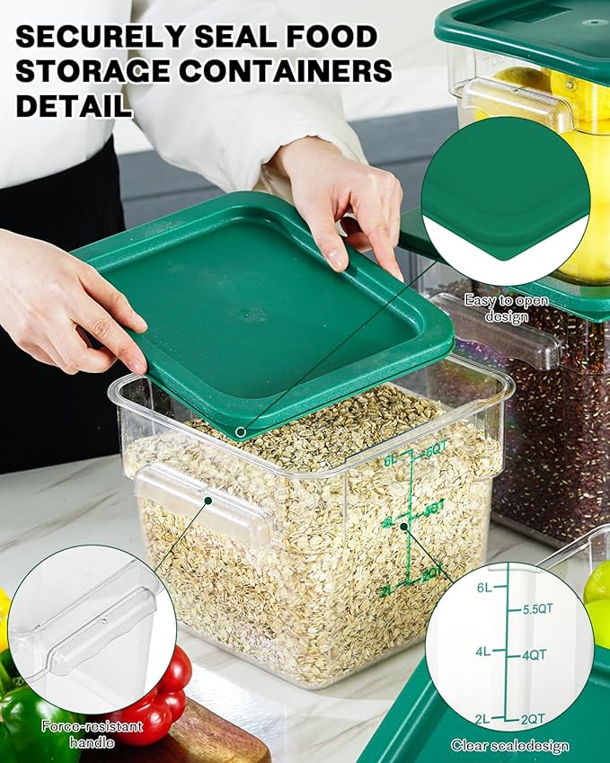 2&4QT NSF Food Storage Containers with Lids: 6 PCS [Total Food Grade][Hot&Cold Resistant] Commercial Clear Food Storage Containers for Restaurant Kitchen Proof Dough, Measuring Spoons Included(Green)