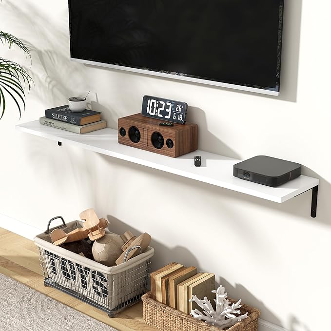 Fun Memories Deep Floating Shelves, 55W x 8D Floating Shelves Set of 2, Wall Mounted Shelf with Metal Brackets, Rustic Wood Wall Shelf for Bathroom, Kitchen and Living Room, White