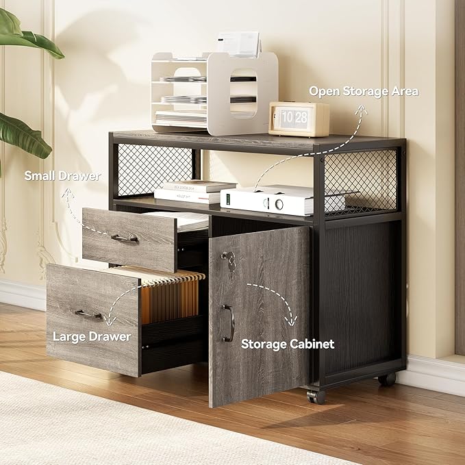 LITTLE TREE 55" Executive Computer Desk and Lateral File Cabinet, L-Shaped Office Desk for Home Office, Furniture Set, Grey