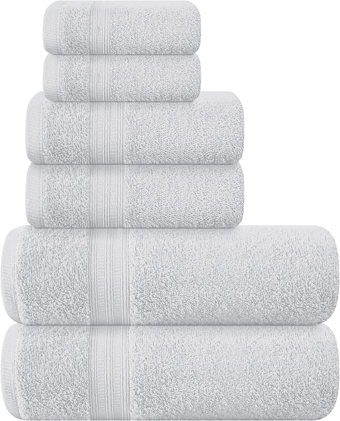 BOUTIQUO 6 Pack Cotton Towel Set, Contains 2 Bath Towels 27x54 inch, 2 Hand Towels 16x24 inch & 2 Wash Coths 12x12 inch, Ideal Everyday use, Ultra Soft Compact & Lightweight - Light Grey