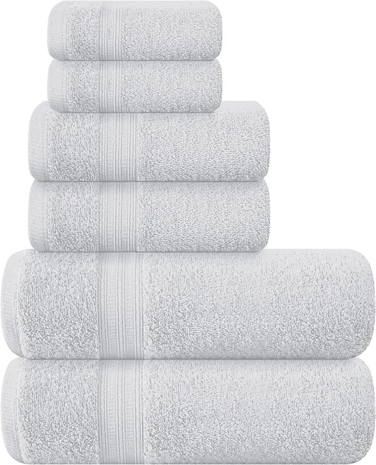 BOUTIQUO 6 Pack Cotton Towel Set, Contains 2 Bath Towels 27x54 inch, 2 Hand Towels 16x24 inch & 2 Wash Coths 12x12 inch, Ideal Everyday use, Ultra Soft Compact & Lightweight - Light Grey