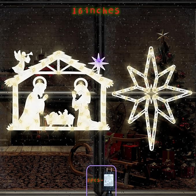 Christmas Decorations 17" Christmas Window Silhouette Lights - 2 Pack Nativity Scene with Lights ＆ Lighted Bethlehem Star for Holiday Indoor and Outdoor Wall Door Window Decorate