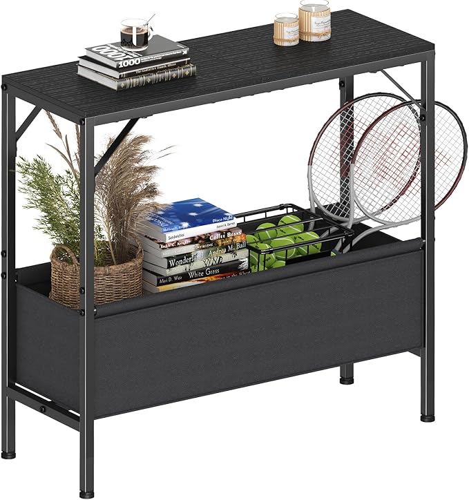 Small Console Table with Storage Basket, 31.5'' Couch Table Behind Sofa, Entryway Table, Sofa Table, Narrow ConsoleTable, Display Table for Hallway, Foyer, Living Room, Black