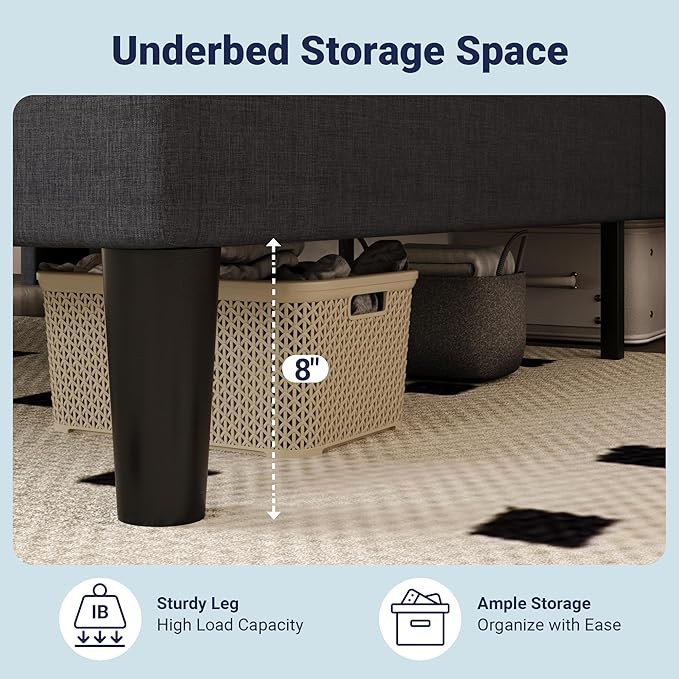 Allewie Full Size Bed Frame, Storage Headboard with Charging Station, Wingback Linen Upholstered, Diamond Stitched Button Tufted, Sturdy Wooden Slats, No Box Spring Needed, Easy Assembly, Dark Grey