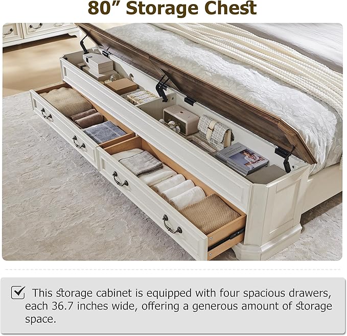 T4TREAM Farmhouse King Bed with Headboard and Storage Bench, Rustic Wood Platform Bed with 80" Storage Chest w/ 4 Large Drawer (Antique White)