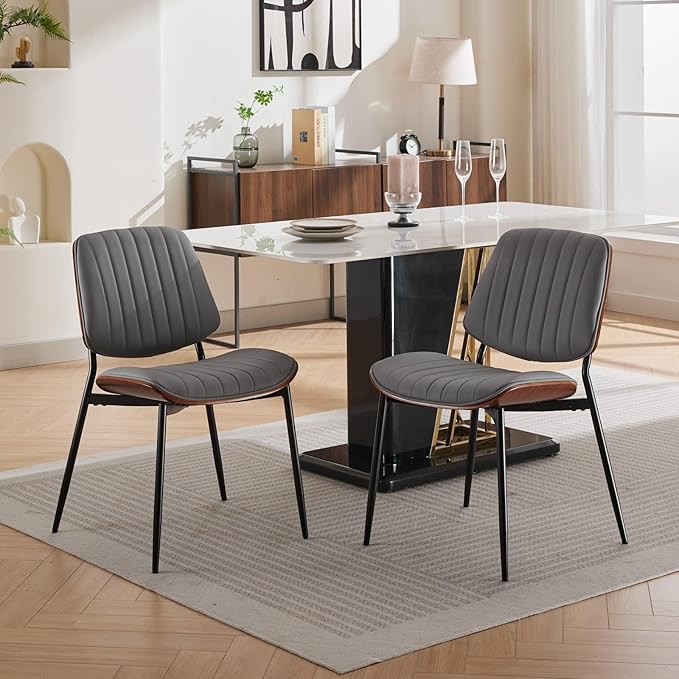 Dining Chairs Set of 6, Mid Century Modern Accent Dining Room and Kitchen Chairs, Upholstered PU Leather Vertical Stripe Chairs for Vanity with Walnut Bentwood and Metal Legs, Gray