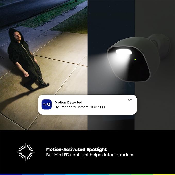 CHAMBERLAIN myQ Outdoor Battery Camera | 2K Camera, Color Night Vision, Spotlight, Motion Alerts, Live View with Two-Way Talk, Wireless, Weather-Resistant, Outdoor, White