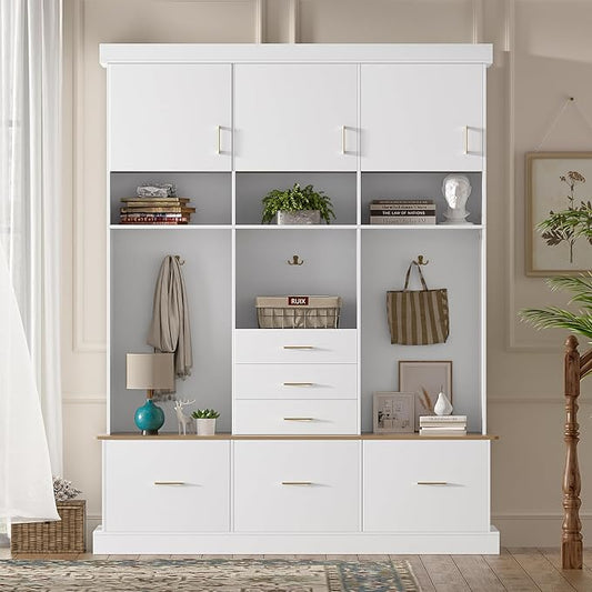 Merax 5-in-1 Hall Tree with Bench and Storage, Modern with Coat Rack, 6 Drawers, 3 Cabinets and 3-Tier Top Storage for Hallway, Entryway, Living Room, White
