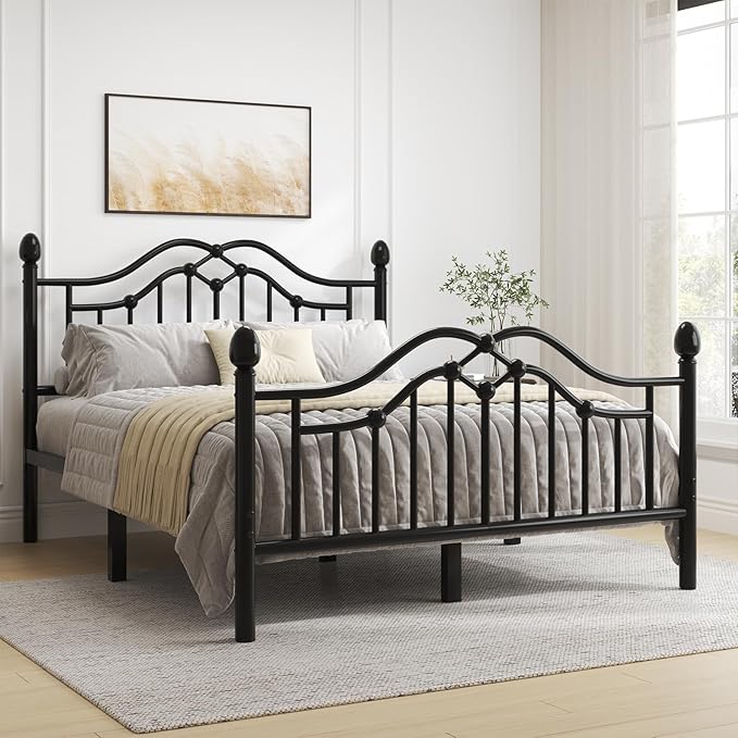Full Metal Platform Bed Frame, Bed Frame with Victorian Headboard and Footboard, Strong Metal Slats Support, Mattress Foundation No Box Spring Needed, Easy Assembly, Noise Free, Black