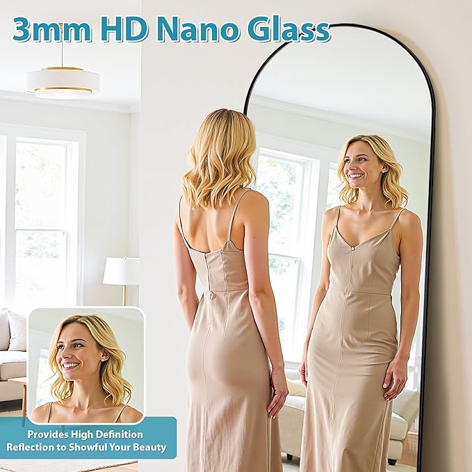 Full Length Mirror, 65"x22" Oversized Floor Mirror Freestanding, Full Body Mirror Floor Standing Mirrors with Stand, Hanging Mounted Mirrors for Bedroom Living Room, Black, Arched Style