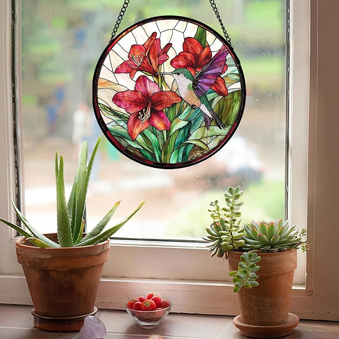 Stained Glass Window Hanging - Hummingbird On Red Lily Flower Sun Catcher for Door Garden Decor Suncatcher Christmas Mother's Day Birthday Gifts for Bird Lovers Women Men Mom Nana 6.3 in