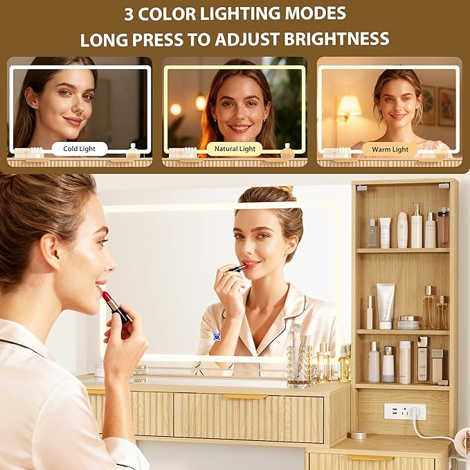 GarveeHome Fluted Makeup Vanity Desk with Lights, 48 in Big Vanity with Glass Top and Large 36" HD Lighted Mirror, Modern Dressing Table with 5 Drawers 3-Tier Shelves Set w/Charging Station (Oak)