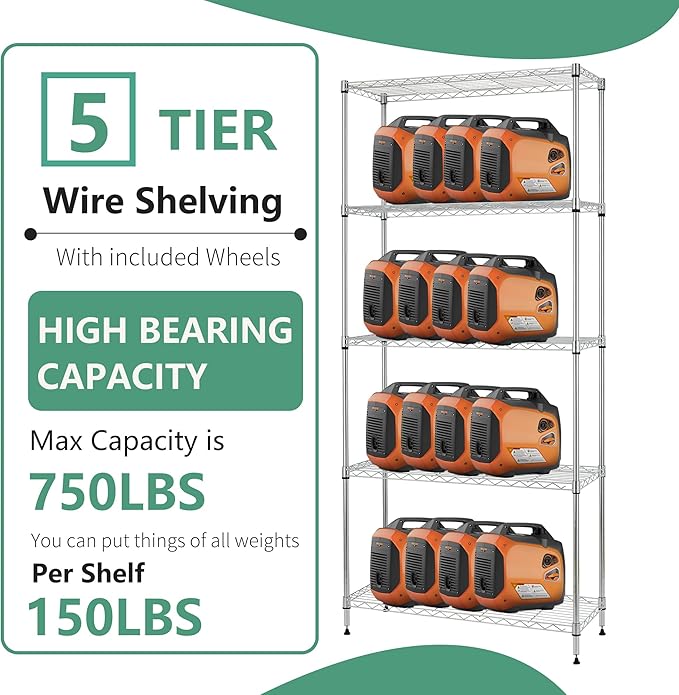 FDW 24" L×14" W×60" H Wire Shelving Unit Metal Shelf with 5 Tier Layer Rack Strong Steel for Restaurant Garage Pantry Kitchen Garage,Chrome