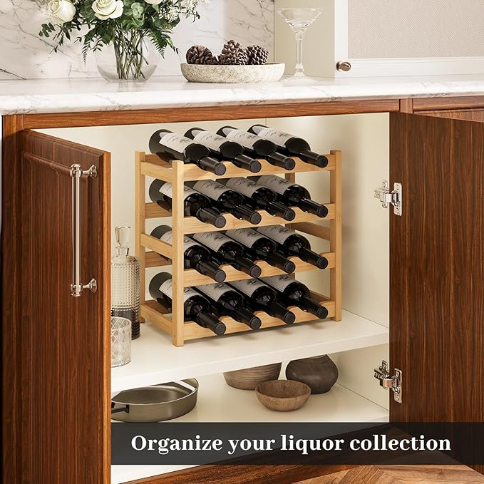 Wine Rack，Bamboo Wine Storage Cabinet Shelf，Countertop Wine Shelf- Freestanding Wine Holder for Kitchen & Pantry (Natural, 4-Tier)