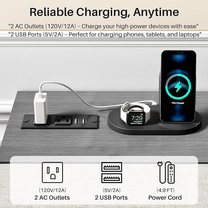 Kitstorack 2-Pack Dark Gray Console Table, 7.9" Deep Panel, Adjustable Height (25"-33") & with 2 Power Outlets, Behind Sofa Couch Table, Use Together or Separately, 79" L